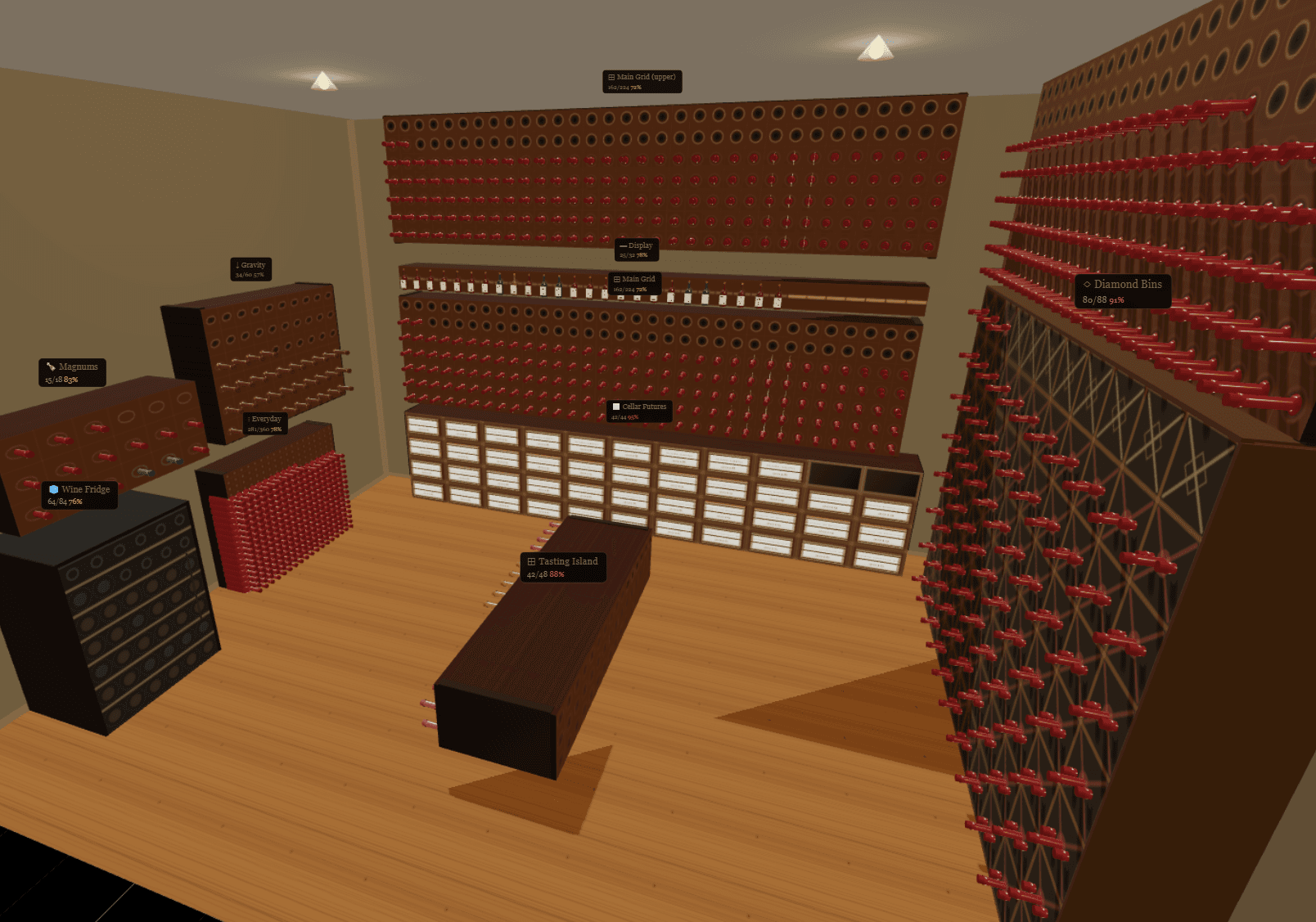 CellarAged 3D Cellar Designer showing a floor-to-ceiling wine cellar with grid racks, diamond bins, OWC cases and a wine fridge