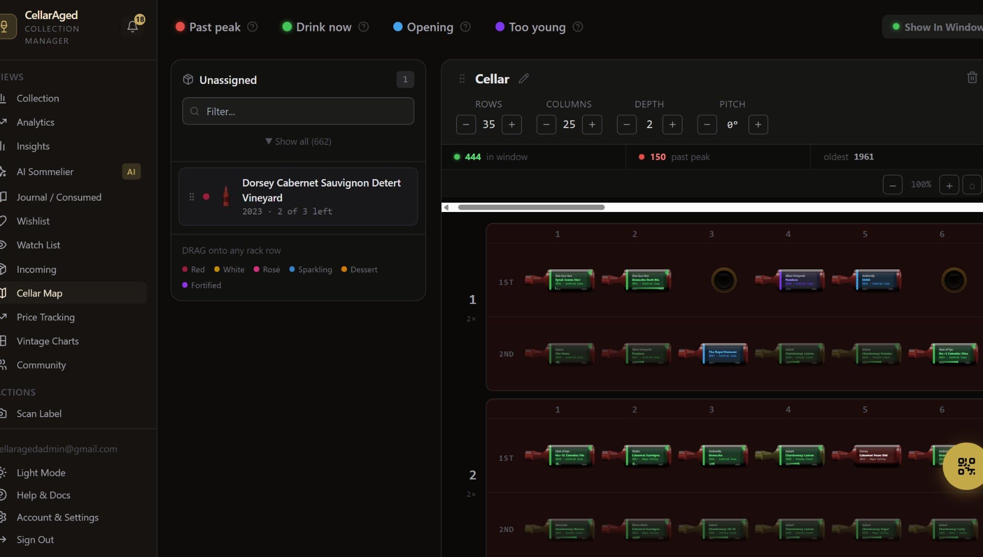 CellarAged Cellar Map showing wine rack with drinking window indicators